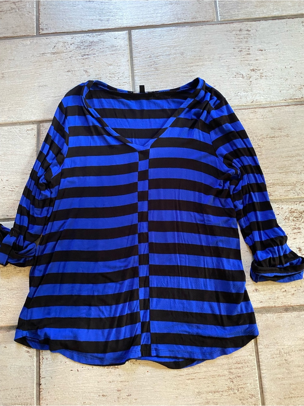 Blue and Black Striped V-Neck Women's Top Size Petite Large
